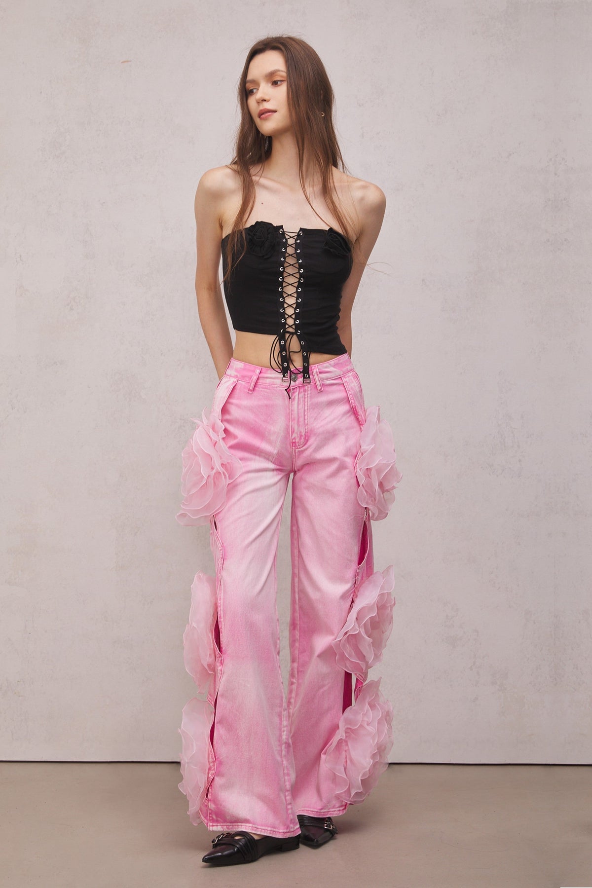 Çiçekli Pembe Kot Pantolon - 3. görünüm