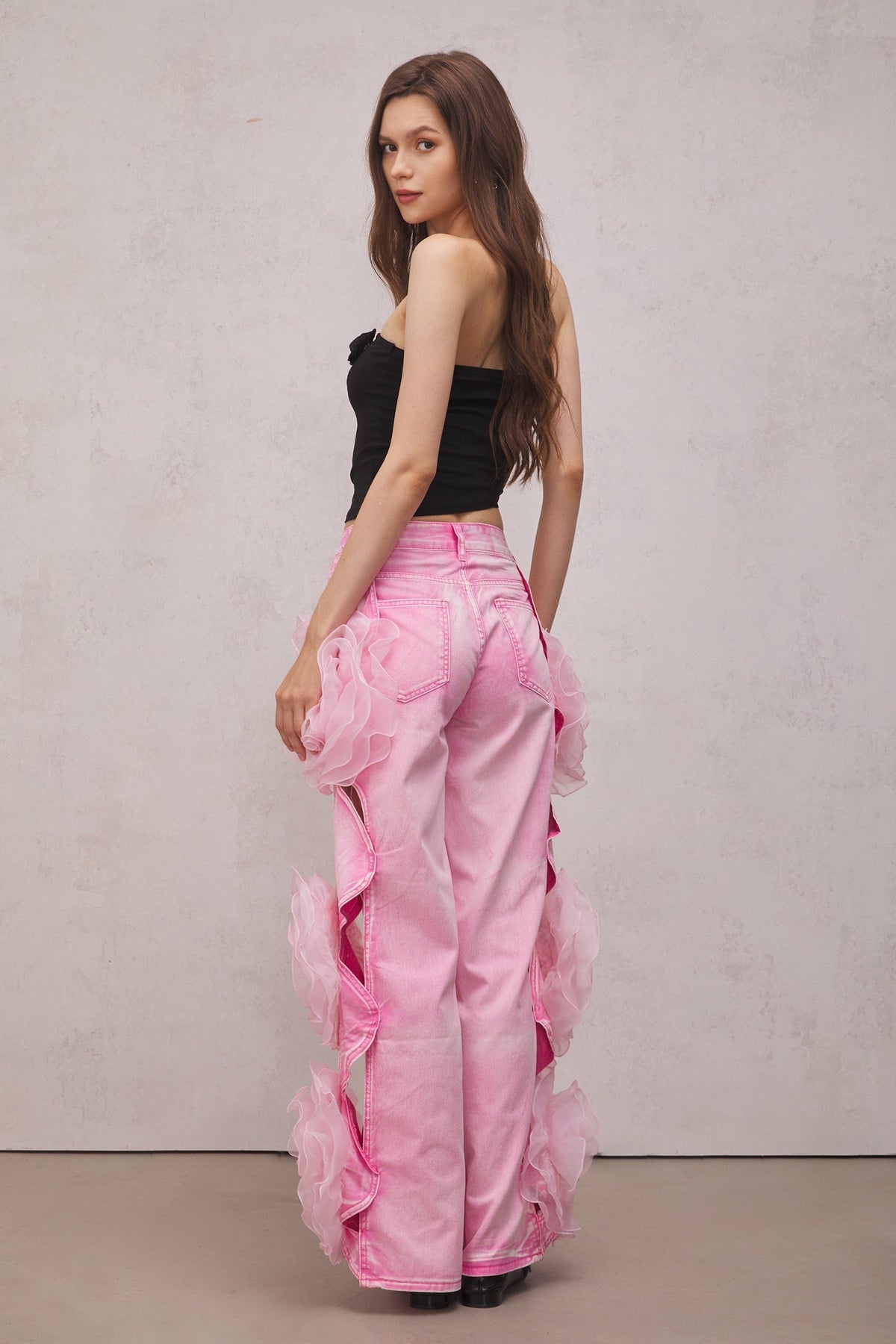 Çiçekli Pembe Kot Pantolon - 4. görünüm