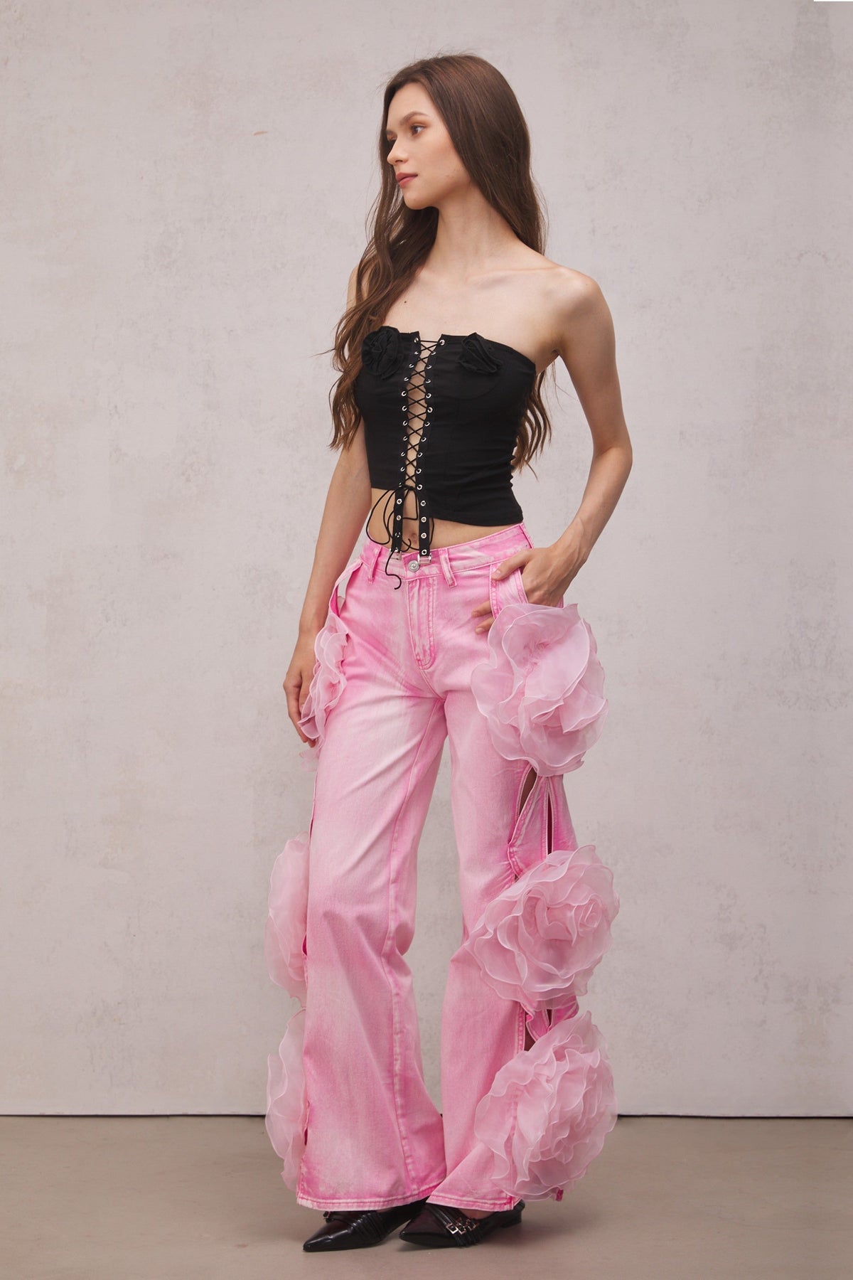 Çiçekli Pembe Kot Pantolon - 5. görünüm
