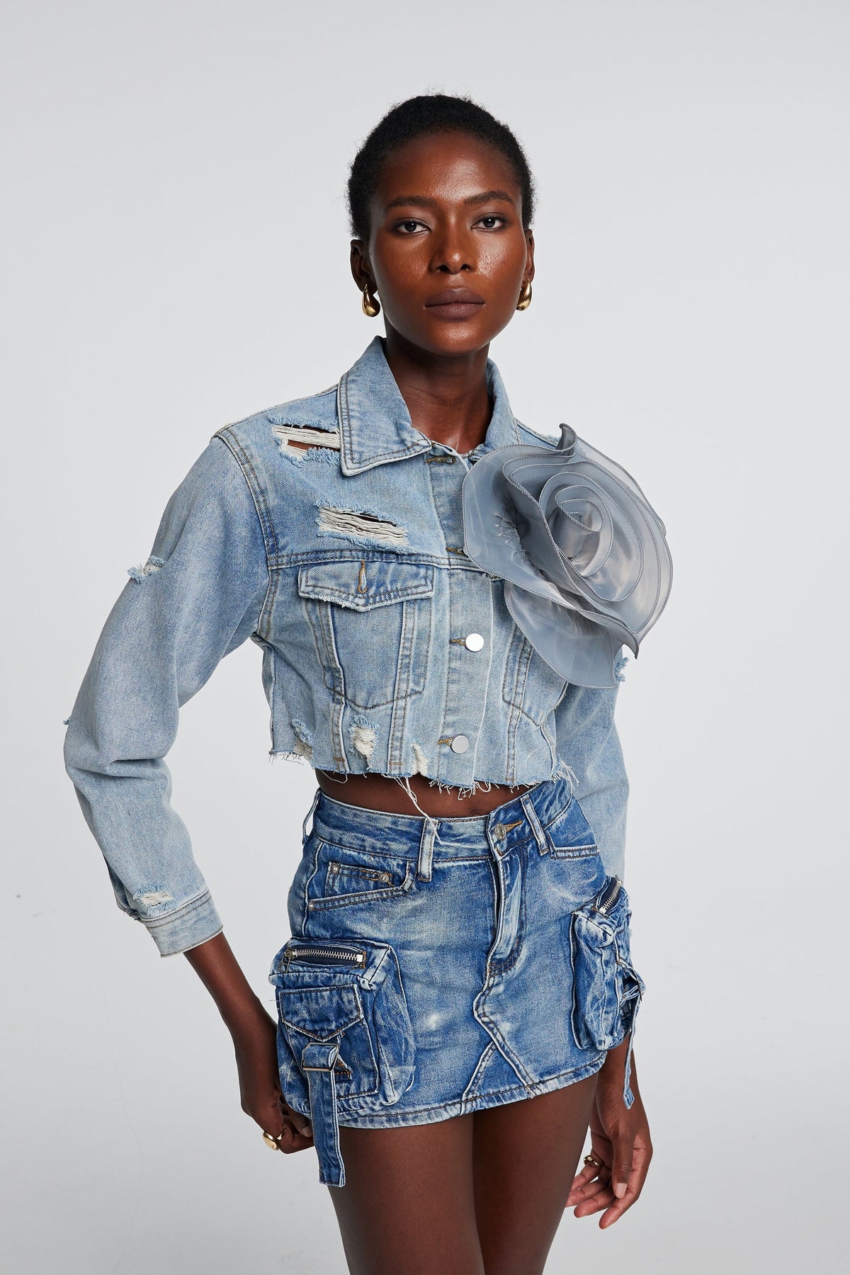 Johanna Yırtık Çiçek Mavi Denim Ceket - 2. görünüm