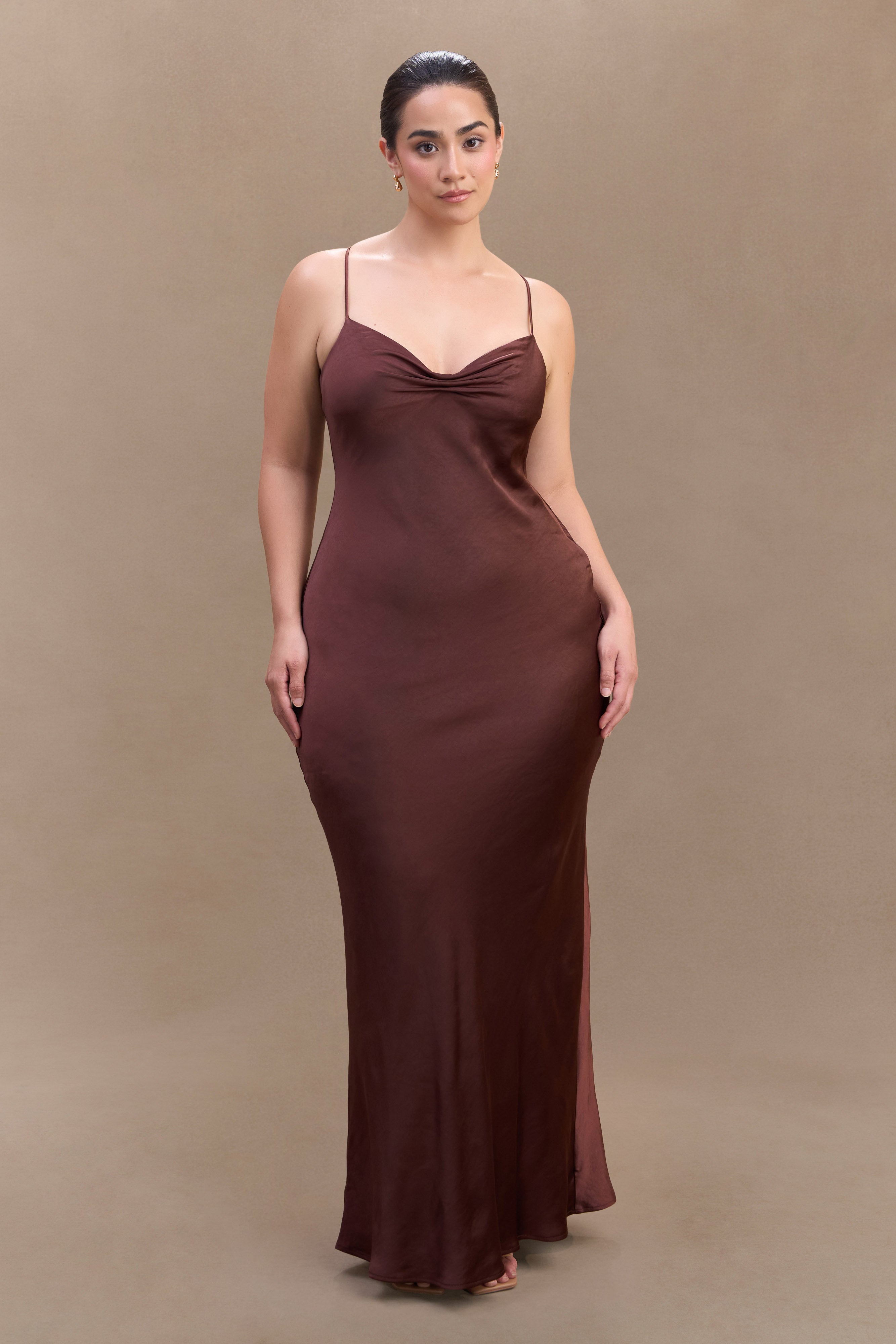 Lilly Sweetheart Saten Maxi Elbise - Bitter Çikolata