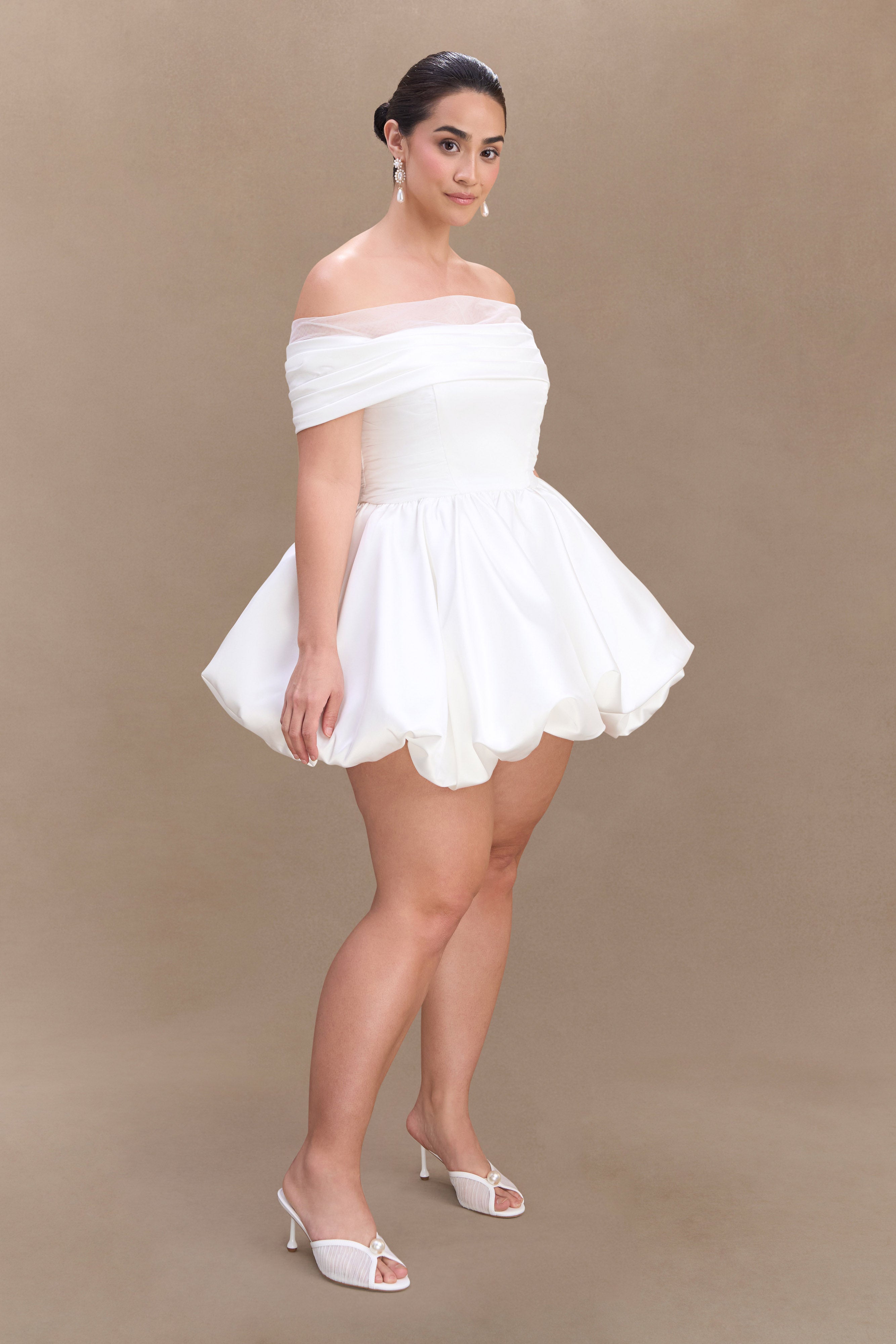 Lauretta Düşük Omuz Mini Elbise - Beyaz