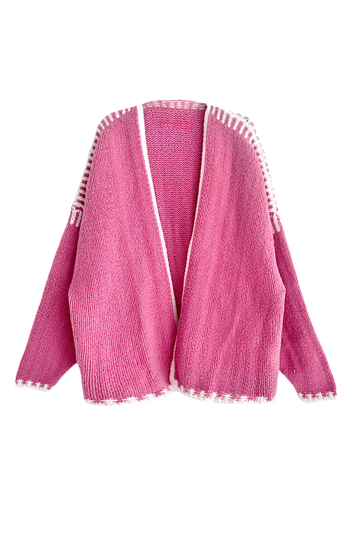 Kontrast Bol Uzun Kollu Hırka - Pembe