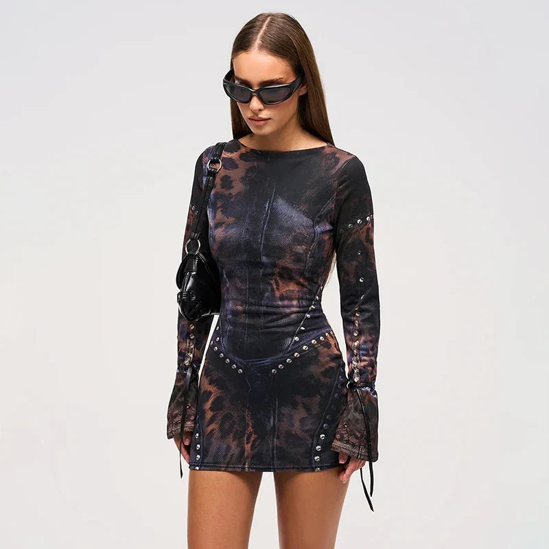 Leopard Print Slim Flared Elbise - 3. görünüm