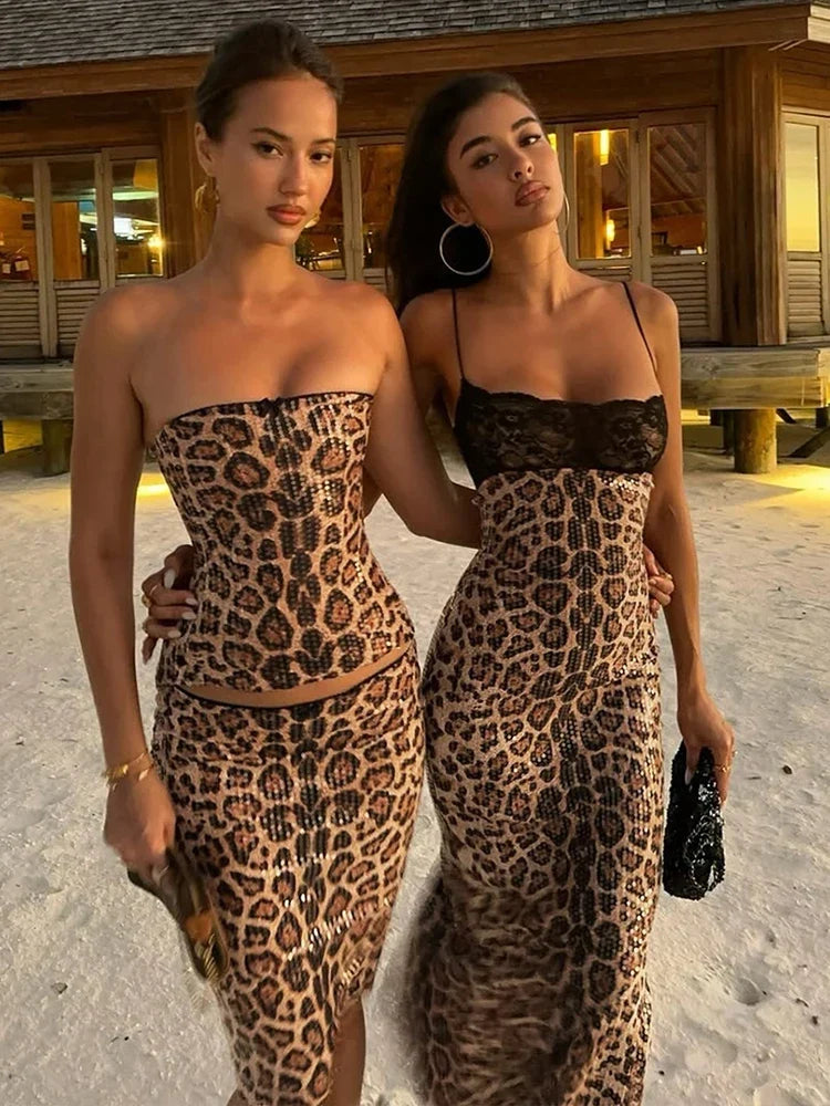 Leo Leopar Desenli Dantel Detaylı Midi Elbise - 5. görünüm
