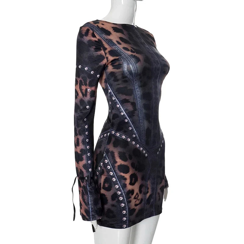 Leopard Print Slim Flared Elbise - 6. görünüm