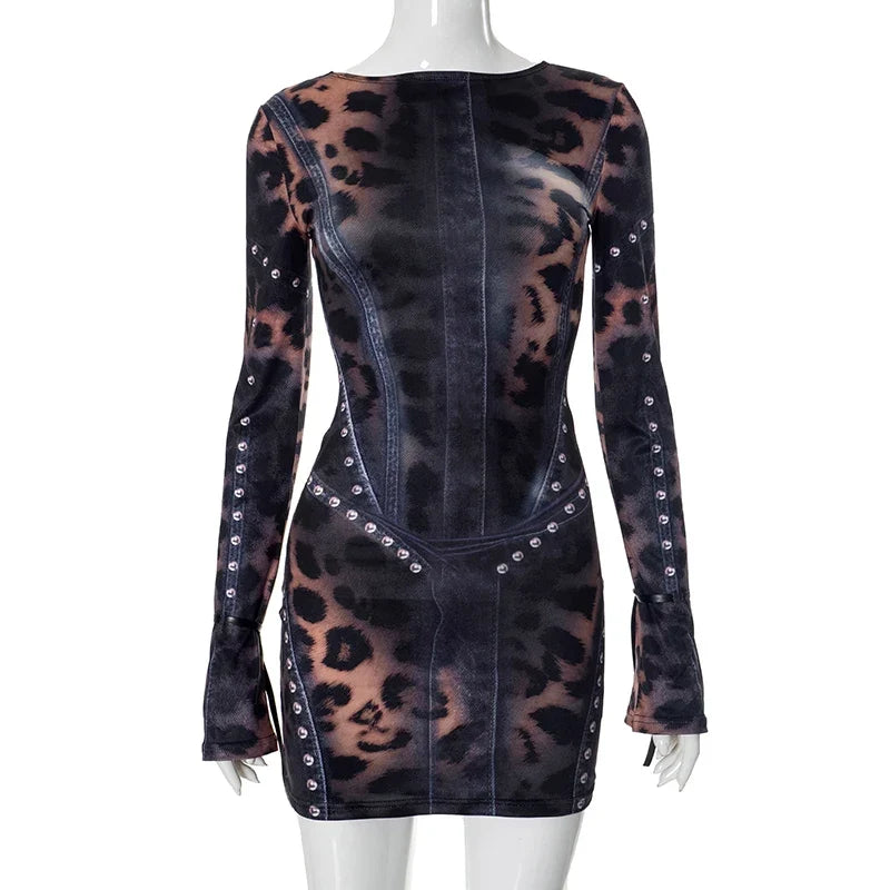 Leopard Print Slim Flared Elbise - 5. görünüm