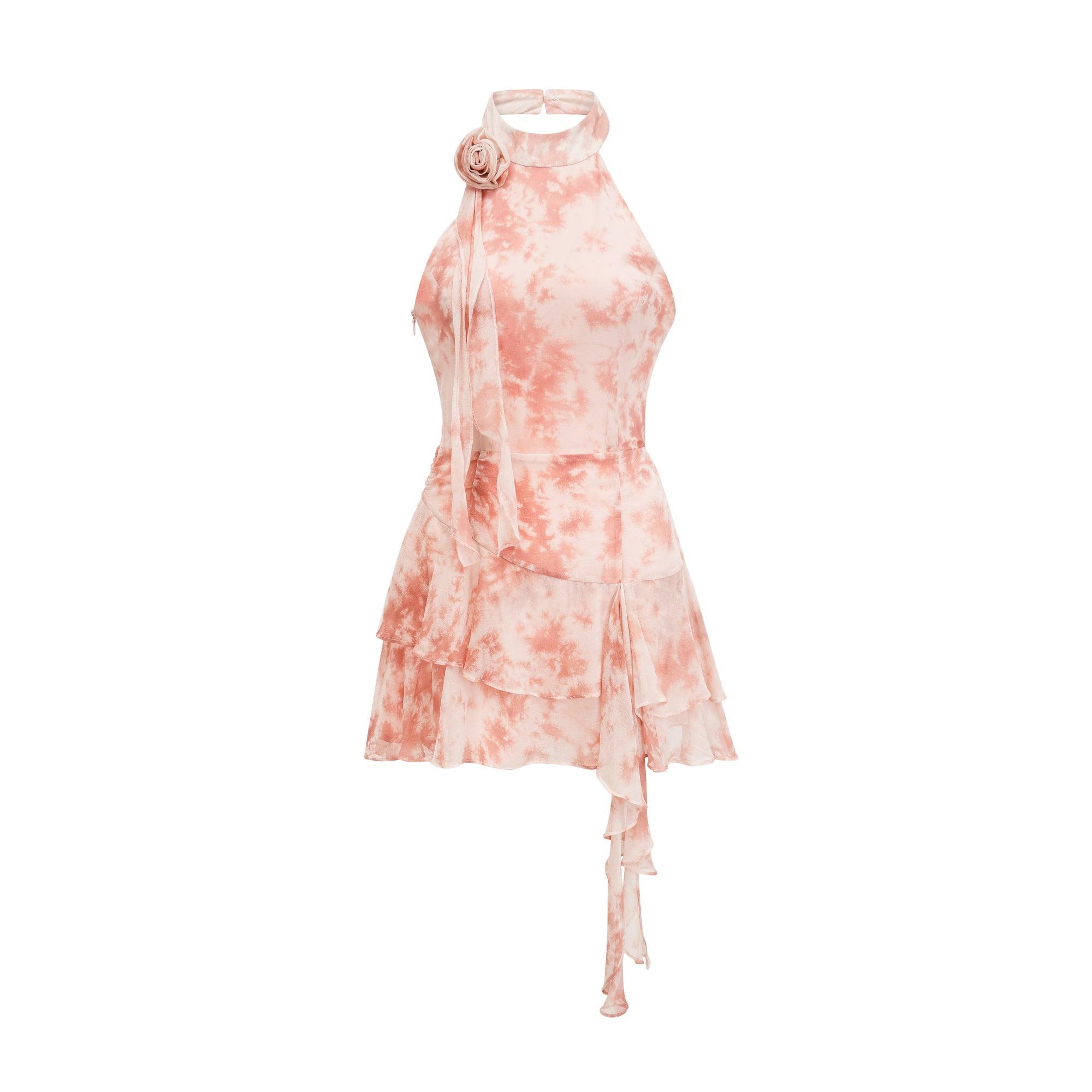 Rosa Gül Detaylı & Fırfırlı Pembe Desenli Mini Elbise