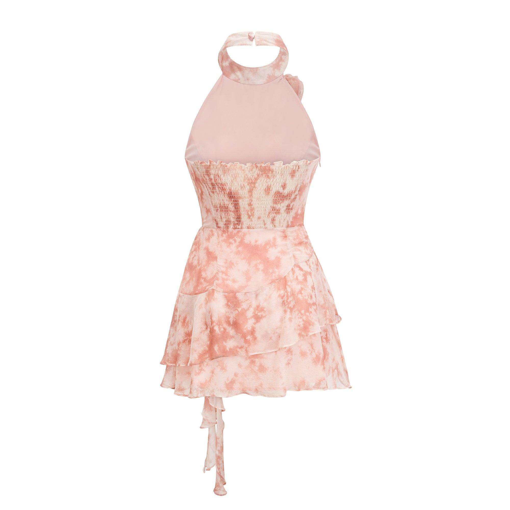 Rosa Gül Detaylı & Fırfırlı Pembe Desenli Mini Elbise