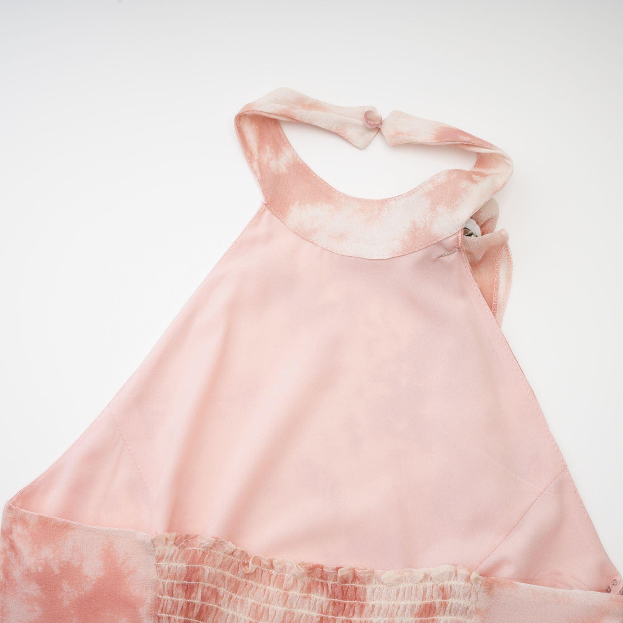 Rosa Gül Detaylı & Fırfırlı Pembe Desenli Mini Elbise