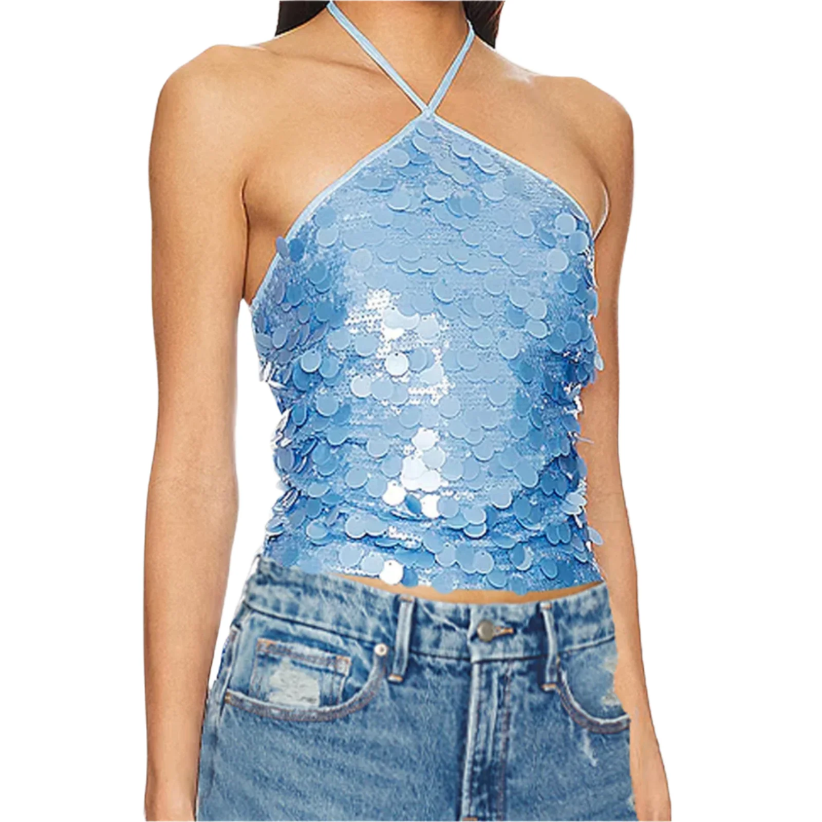 Celinne Payetli Halter Yaka Bluz - Mavi
