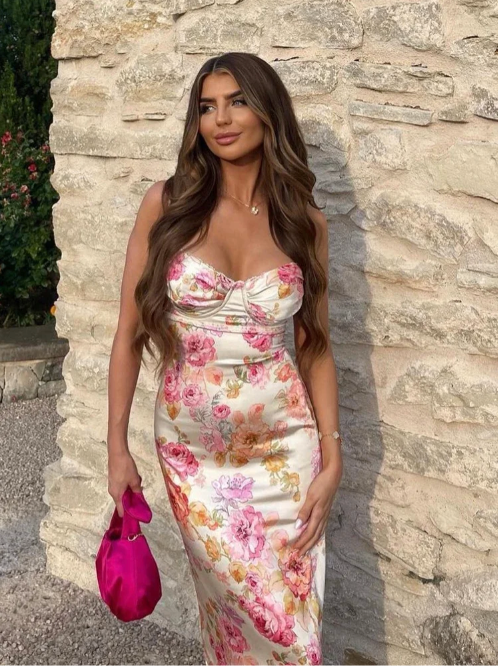 Amelia Çiçekli Maxi Elbise Pembe Yüksek Bel