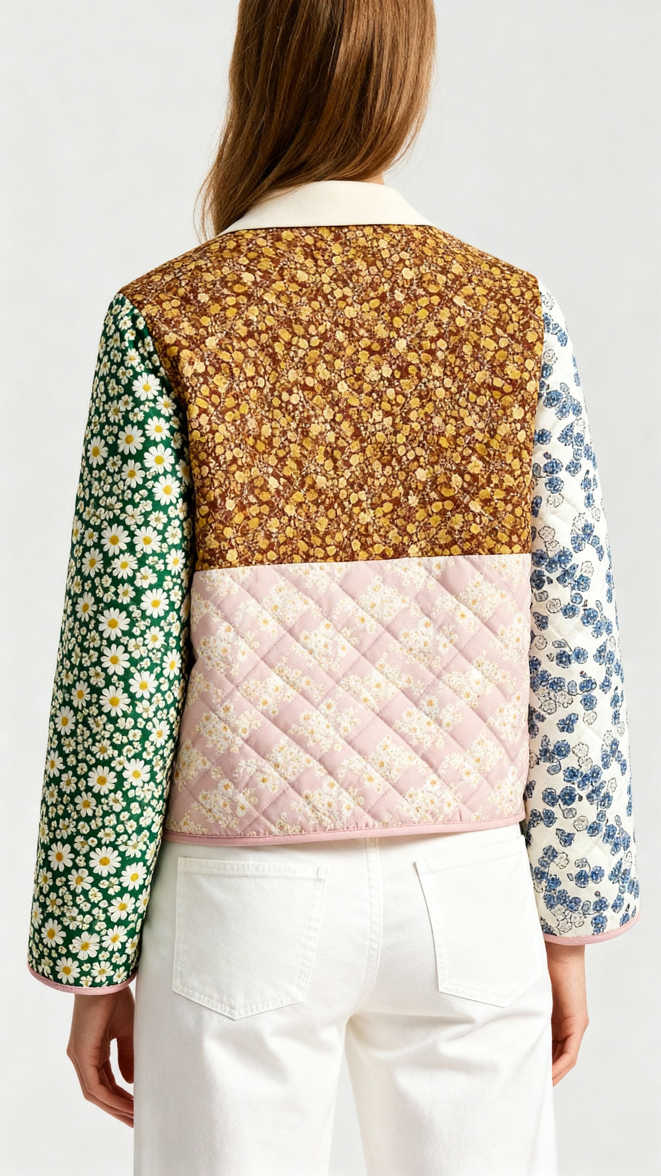 Açık Patchwork Ceket Uzun Kol Çok Renkli Dokuma