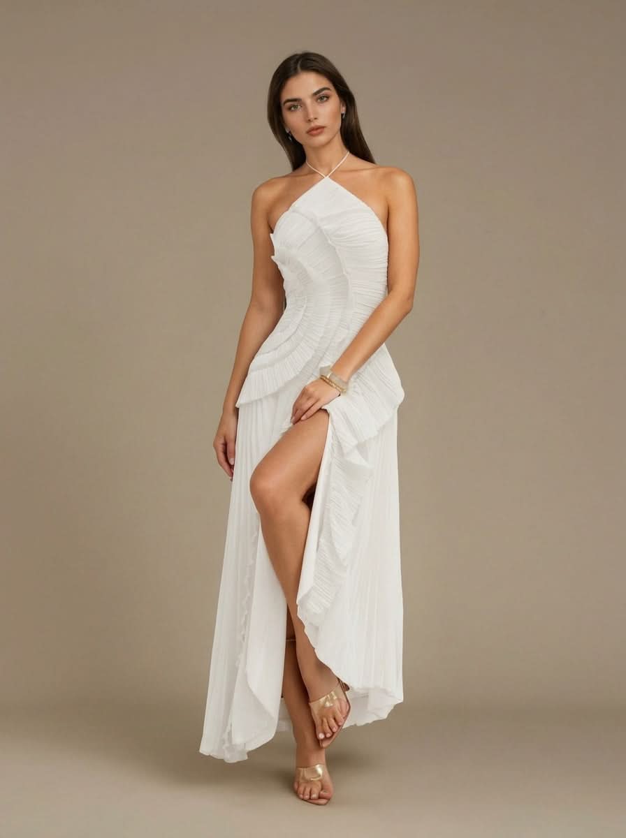 Halter Yaka Maxi Elbise Mor Pileli Detaylı