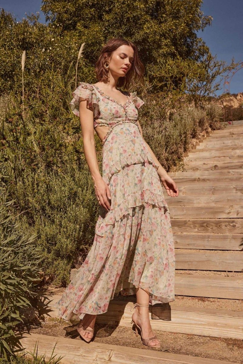 Agatha Baskılı Fırfırlı Cut-Out Midi Elbise