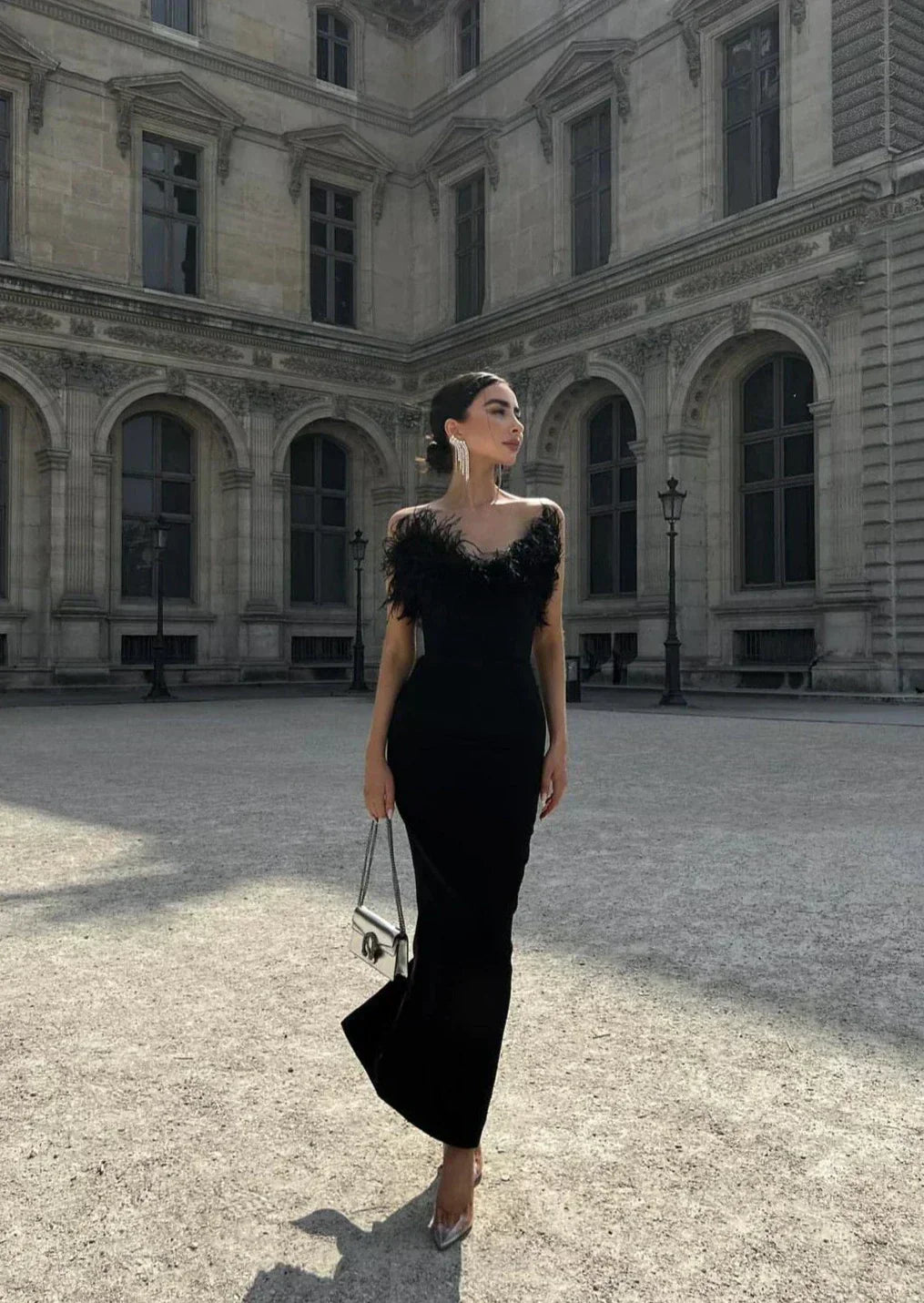 Anastasia Tüy Detaylı Straplez Maxi Elbise Siyah
