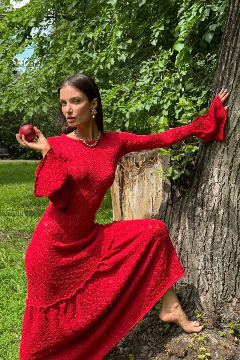 Anna Yuvarlak Yaka Kloş Manşet Örme Maxi Elbise - 10. görünüm