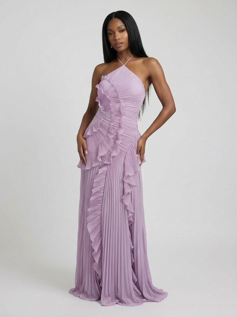 Halter Yaka Maxi Elbise Mor Pileli Detaylı