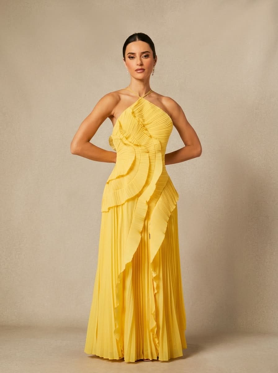 Halter Yaka Maxi Elbise Mor Pileli Detaylı