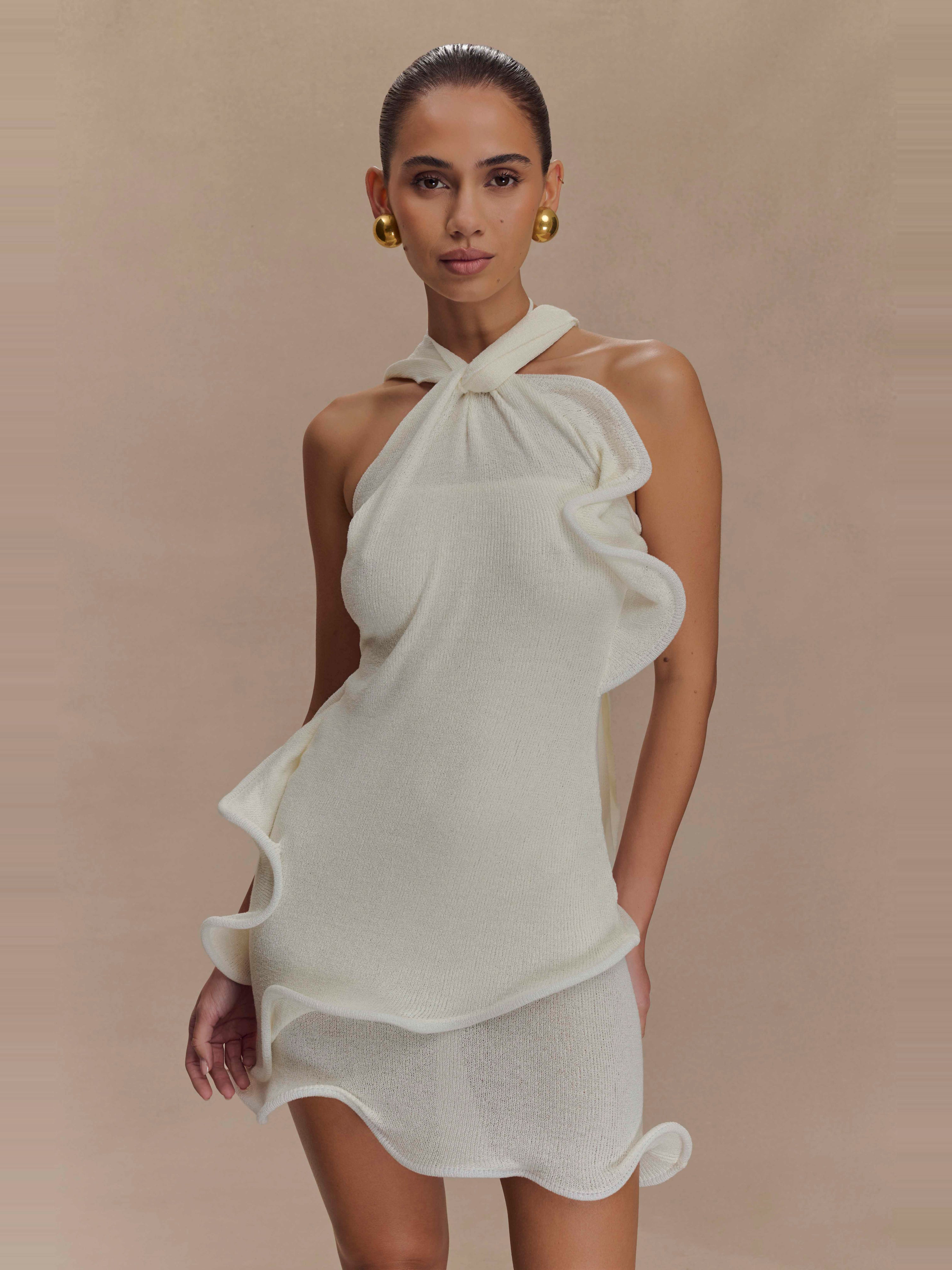 Caprice Beyaz Halter Yaka Triko Mini Elbise