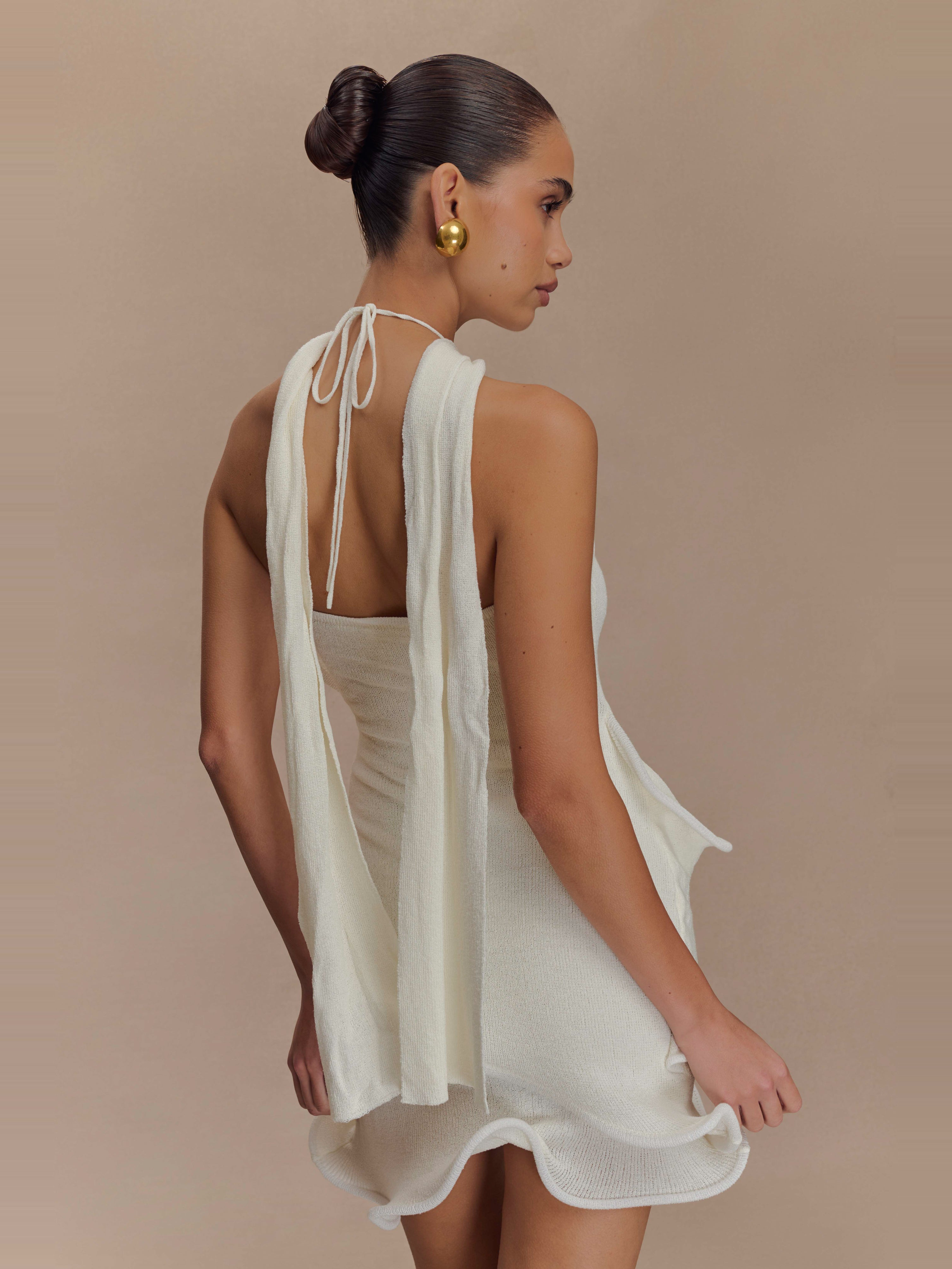 Caprice Beyaz Halter Yaka Triko Mini Elbise