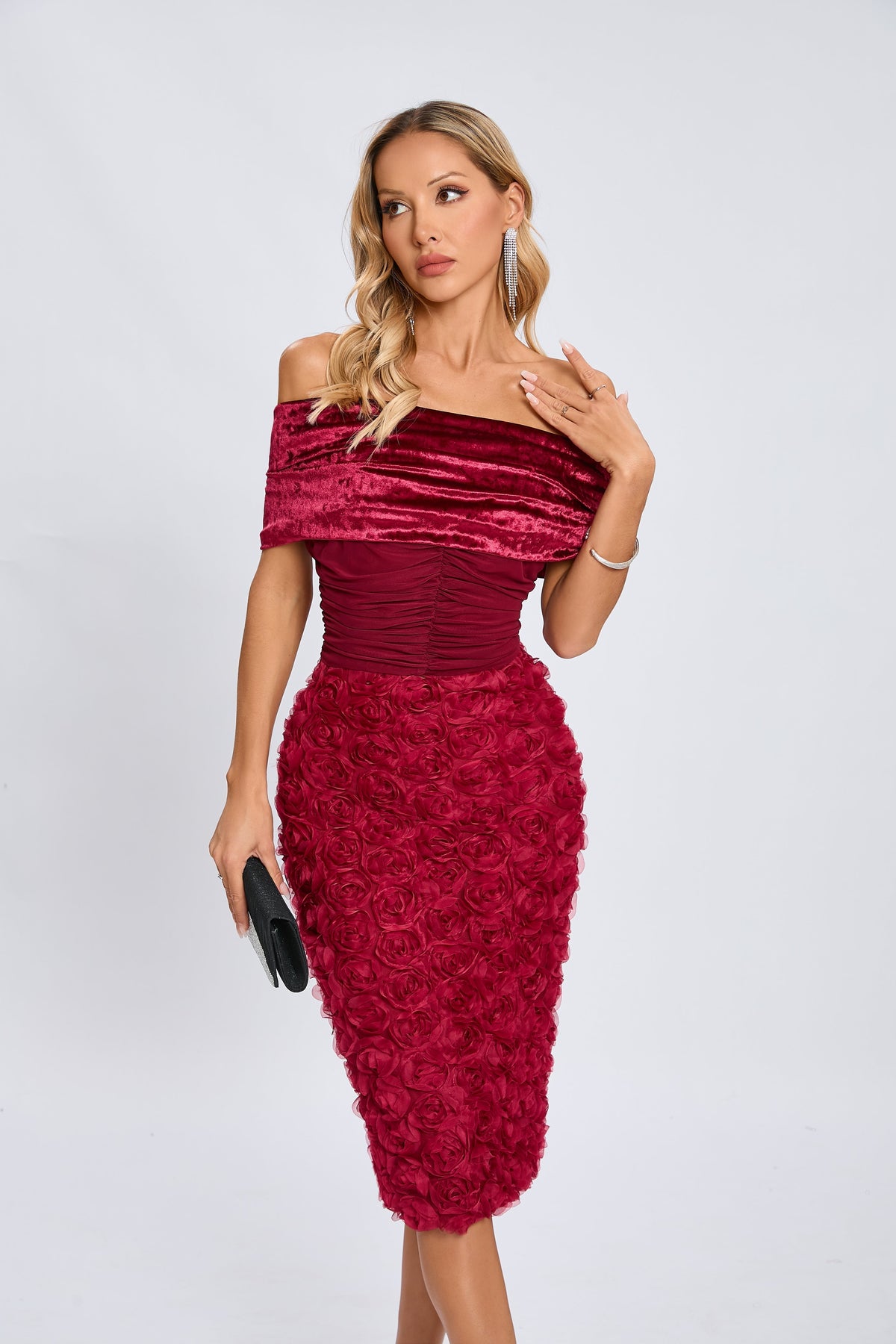 Taylor Kadife Gül Midi Elbise - 5. görünüm