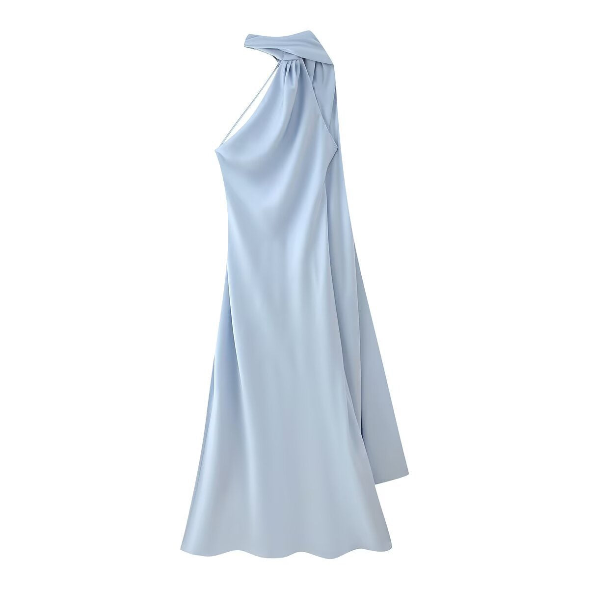 Sırtı Açık Saten Halter Abiye Elbise - Açık Mavi