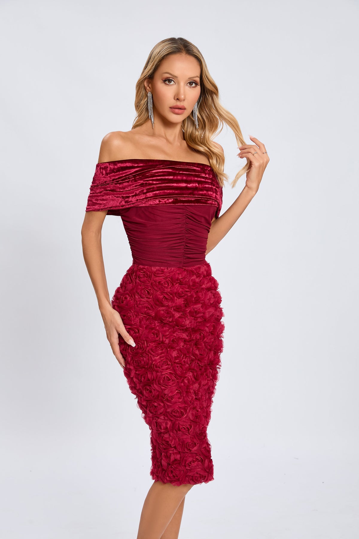 Taylor Kadife Gül Midi Elbise - 8. görünüm