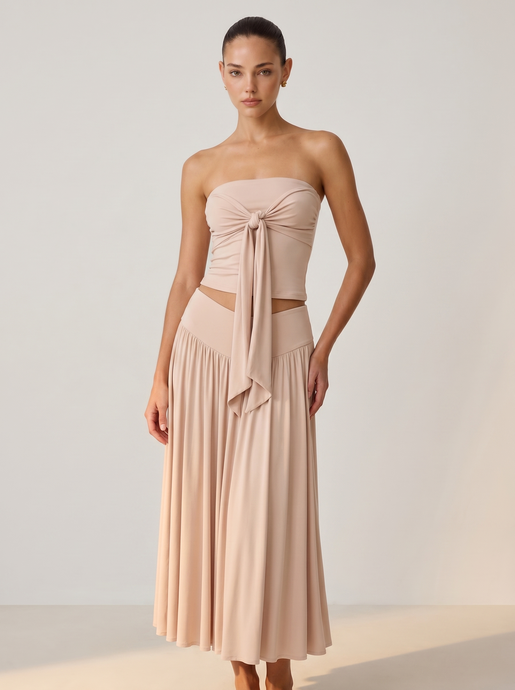 Strapless Knot Bağcıklı Tube Top + Yüksek Bel Curved Yoke Balletcore A-Line Midi Etek Set