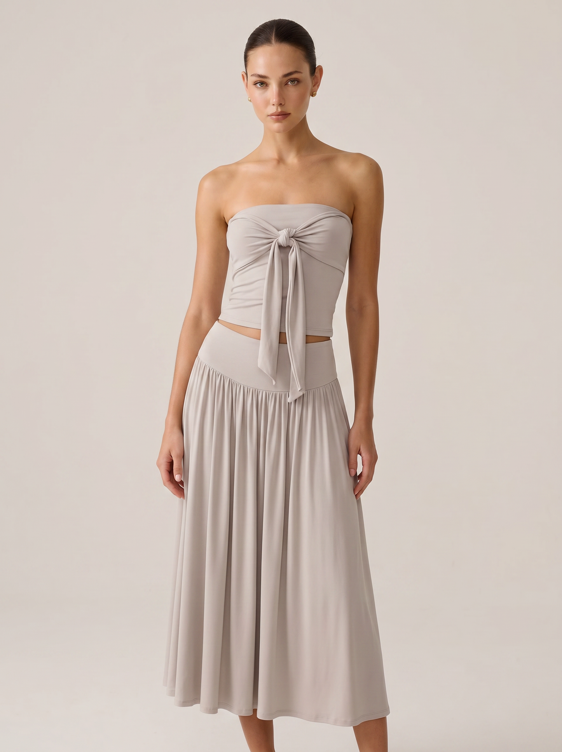 Strapless Knot Bağcıklı Tube Top + Yüksek Bel Curved Yoke Balletcore A-Line Midi Etek Set