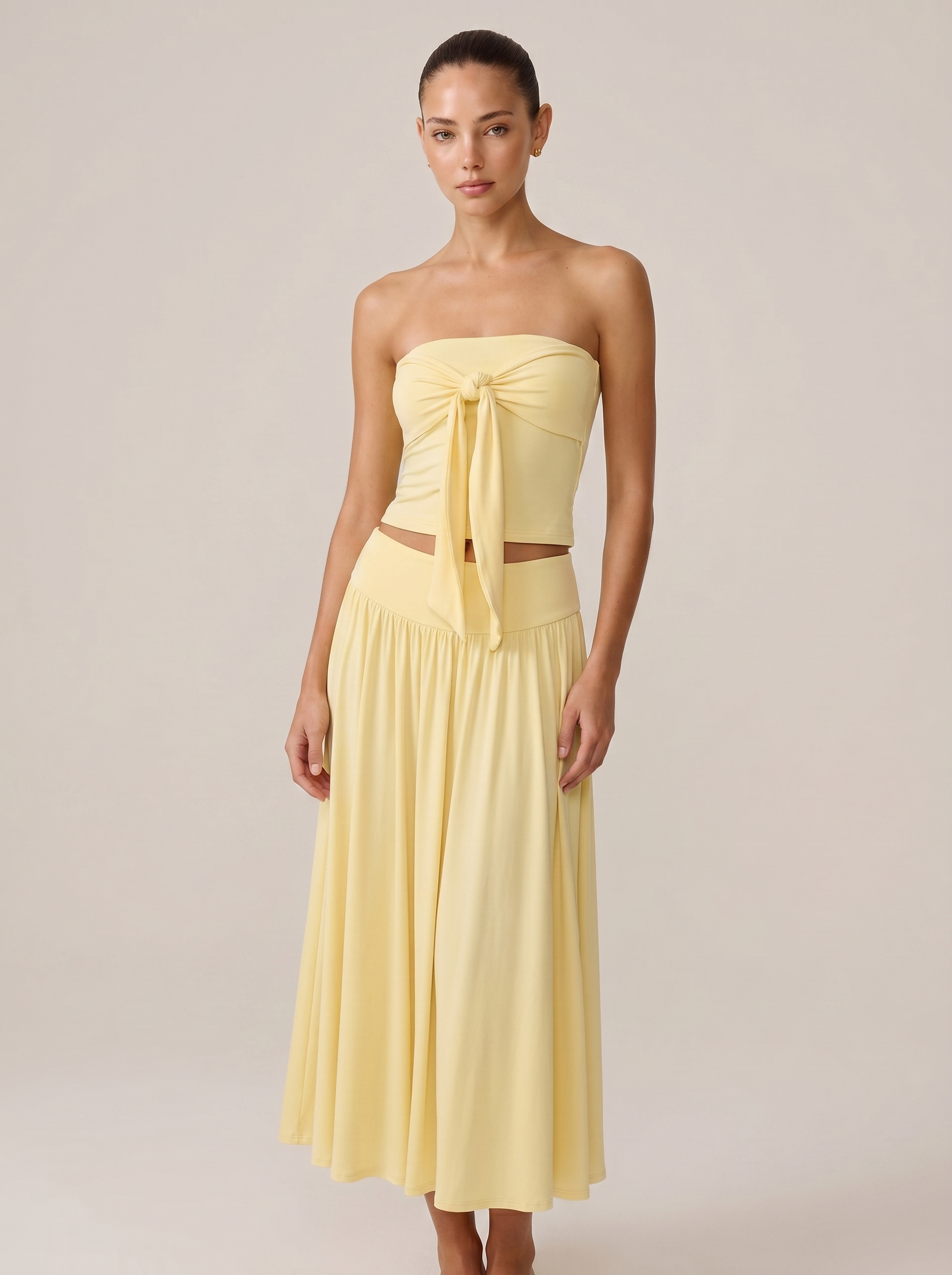Strapless Knot Bağcıklı Tube Top + Yüksek Bel Curved Yoke Balletcore A-Line Midi Etek Set