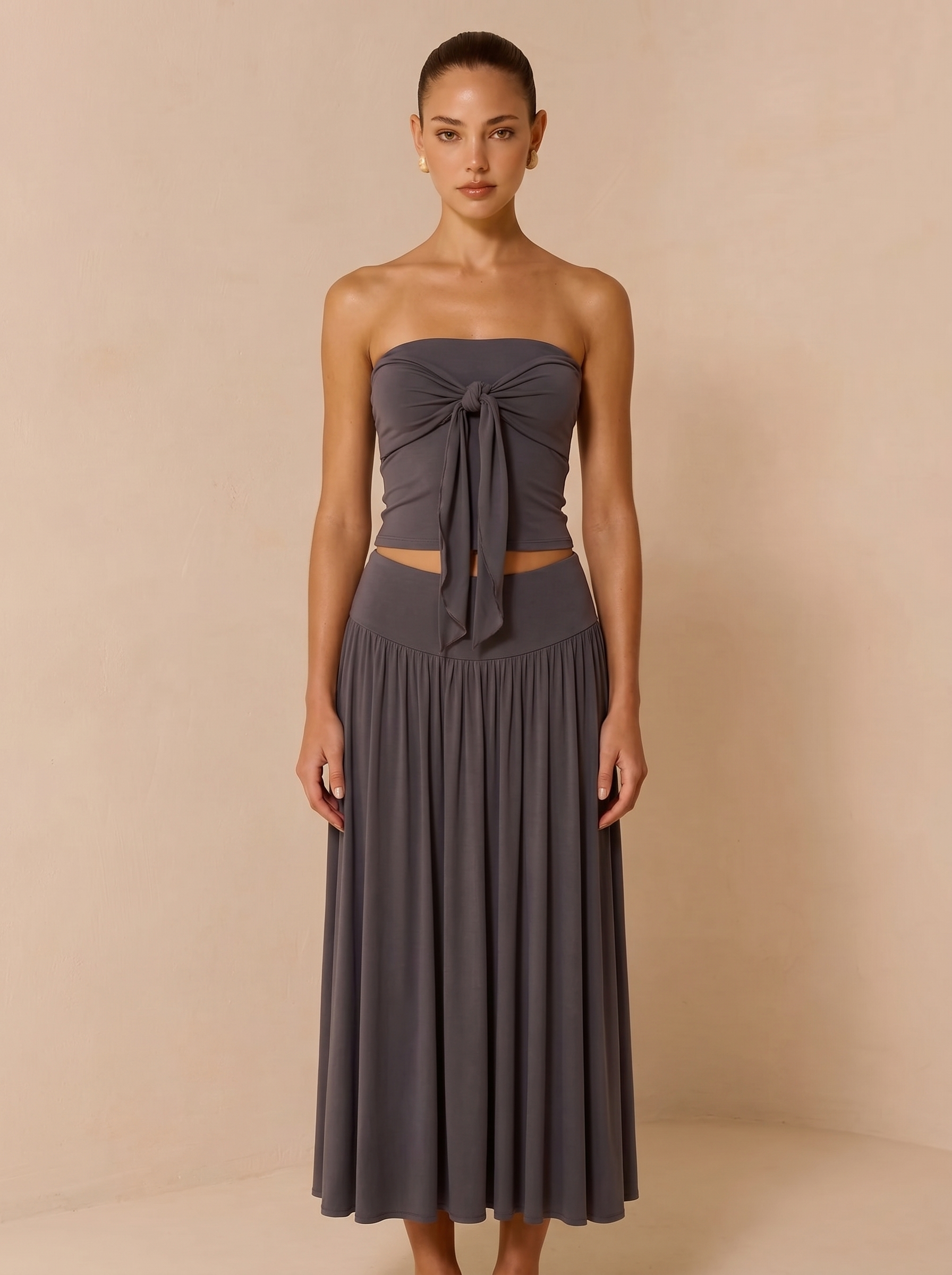 Strapless Knot Bağcıklı Tube Top + Yüksek Bel Curved Yoke Balletcore A-Line Midi Etek Set