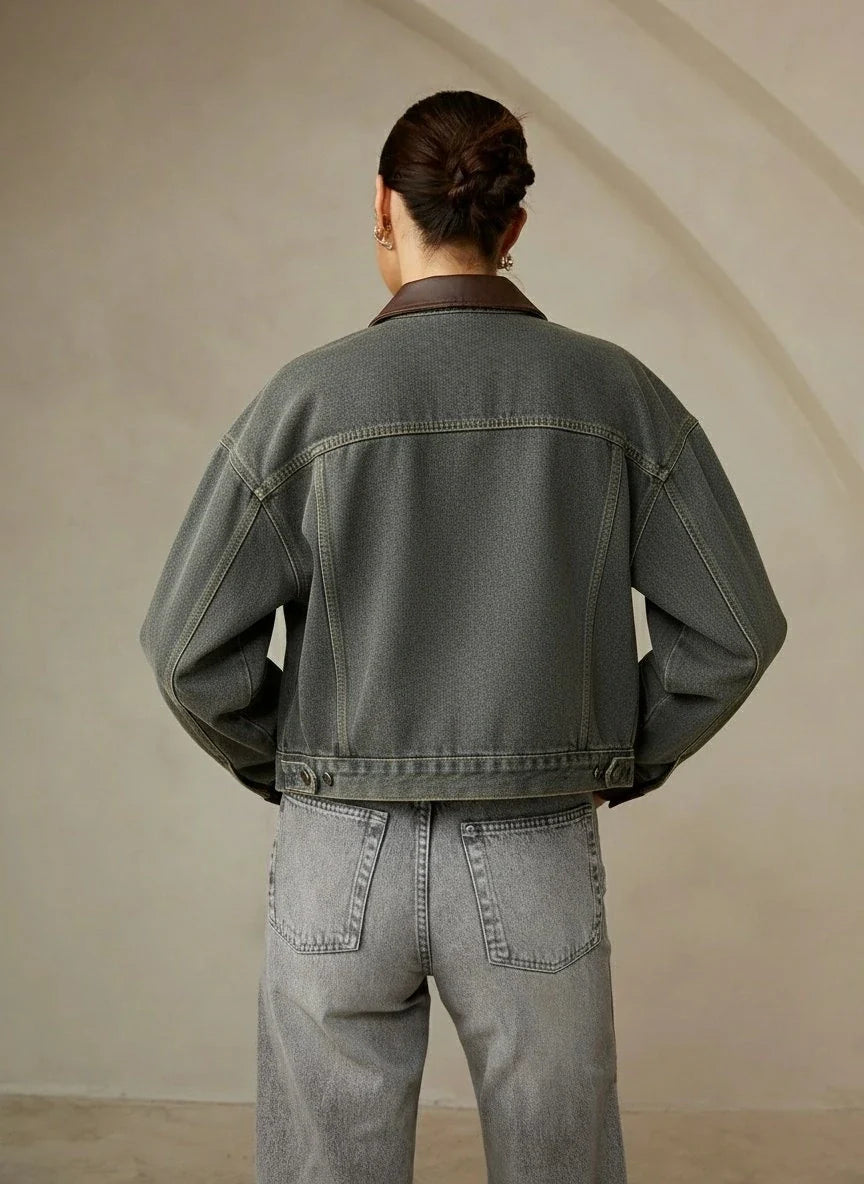 Vintage Kontrast Süslü Yaka Denim Ceket Koyu Kahverengi Uzun Kol