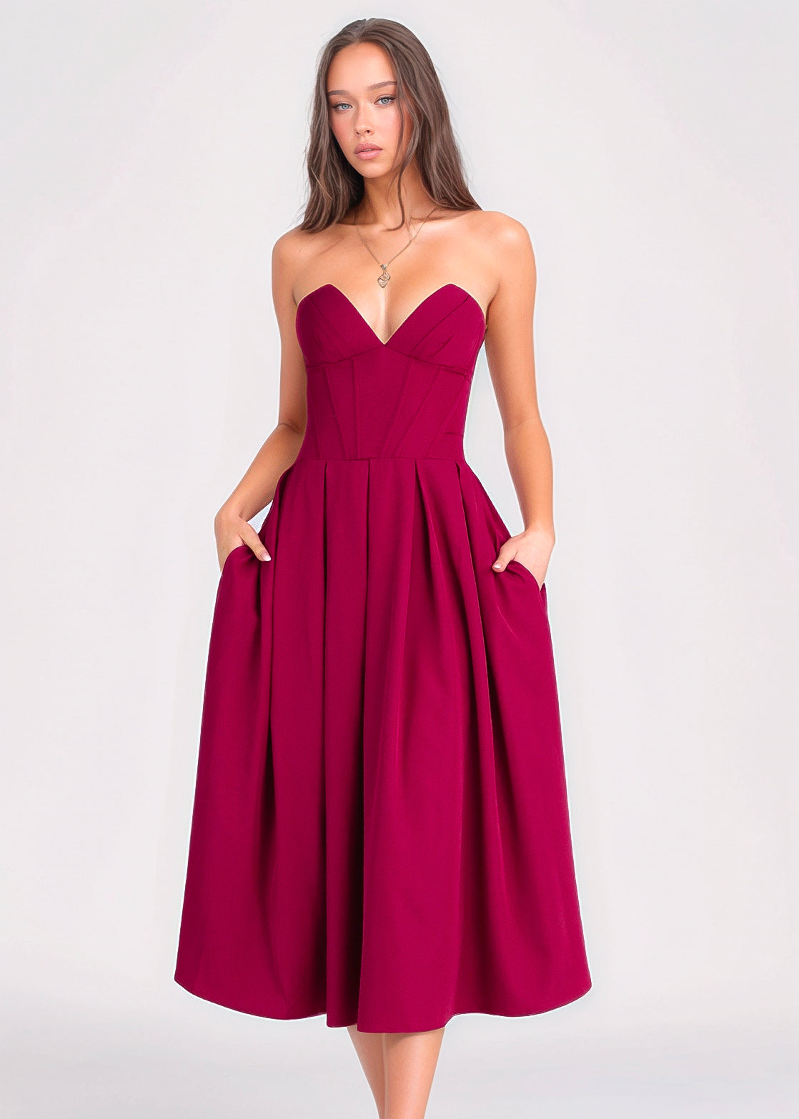 Marivelle Straplez Midi Elbise - Bordo