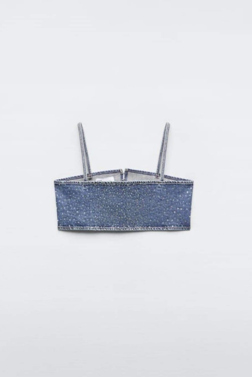 Lena Diamante Denim Crop Top - 7. görünüm