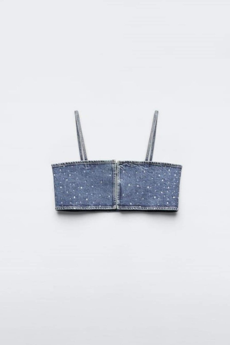 Lena Diamante Denim Crop Top - 8. görünüm