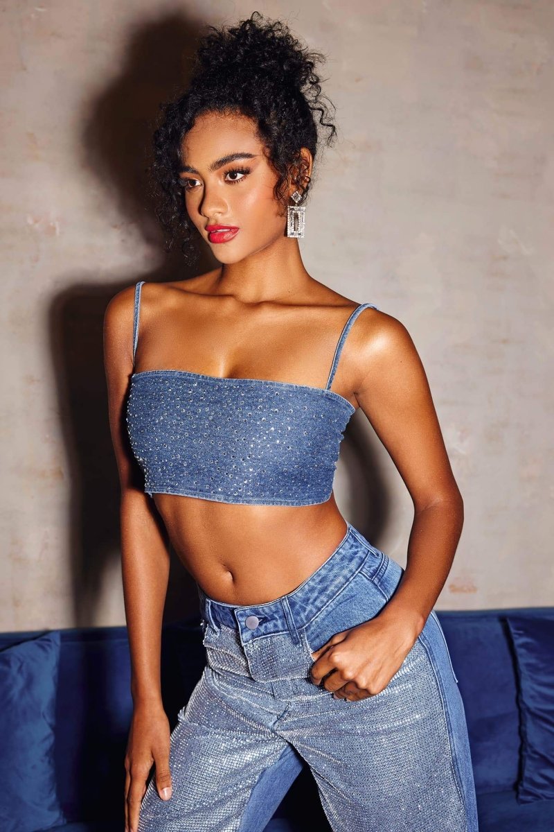 Lena Diamante Denim Crop Top - 3. görünüm