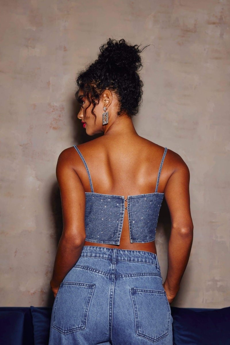 Lena Diamante Denim Crop Top - 5. görünüm