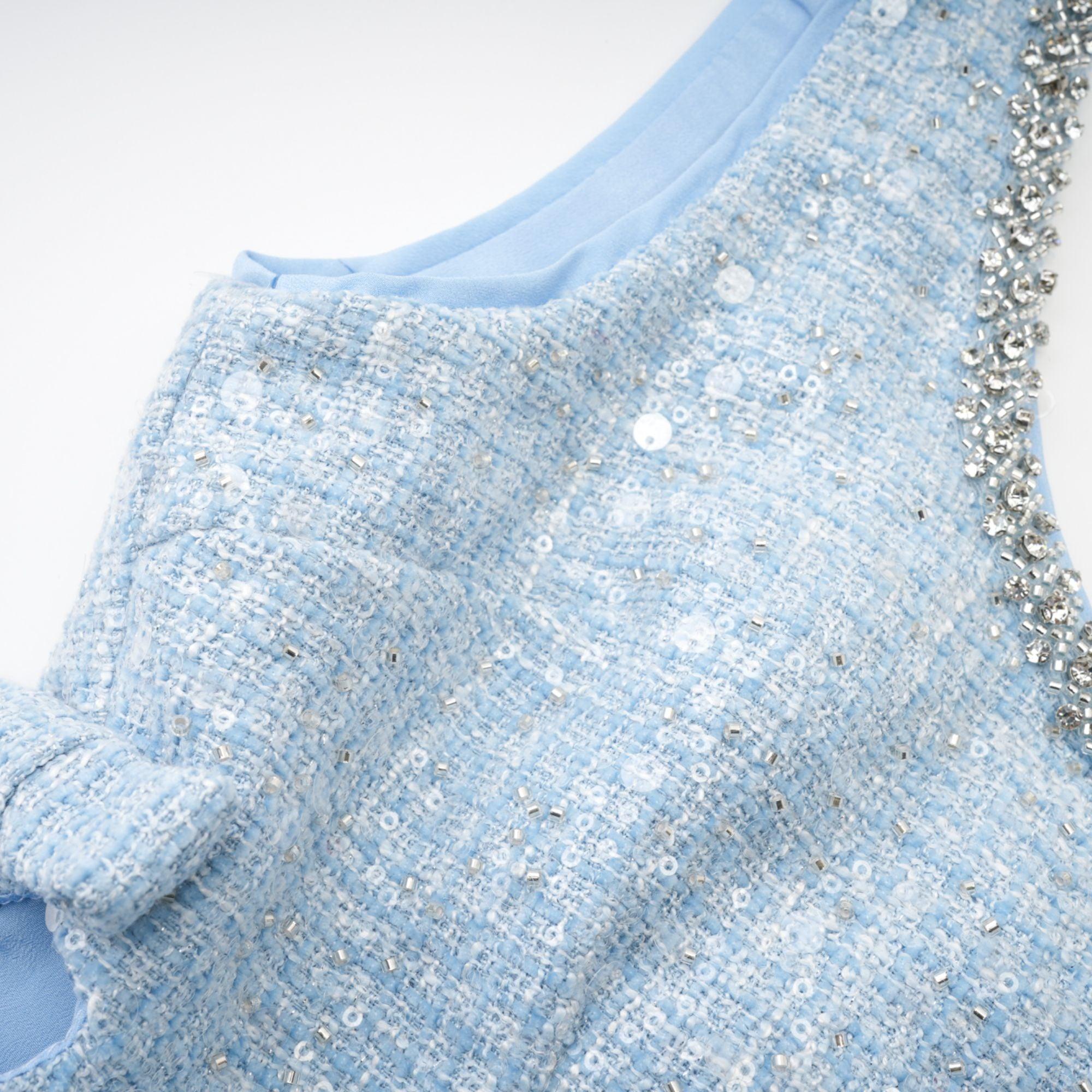 "Manon Charm" Açık Mavi Işıltılı Tweed Mini Elbise