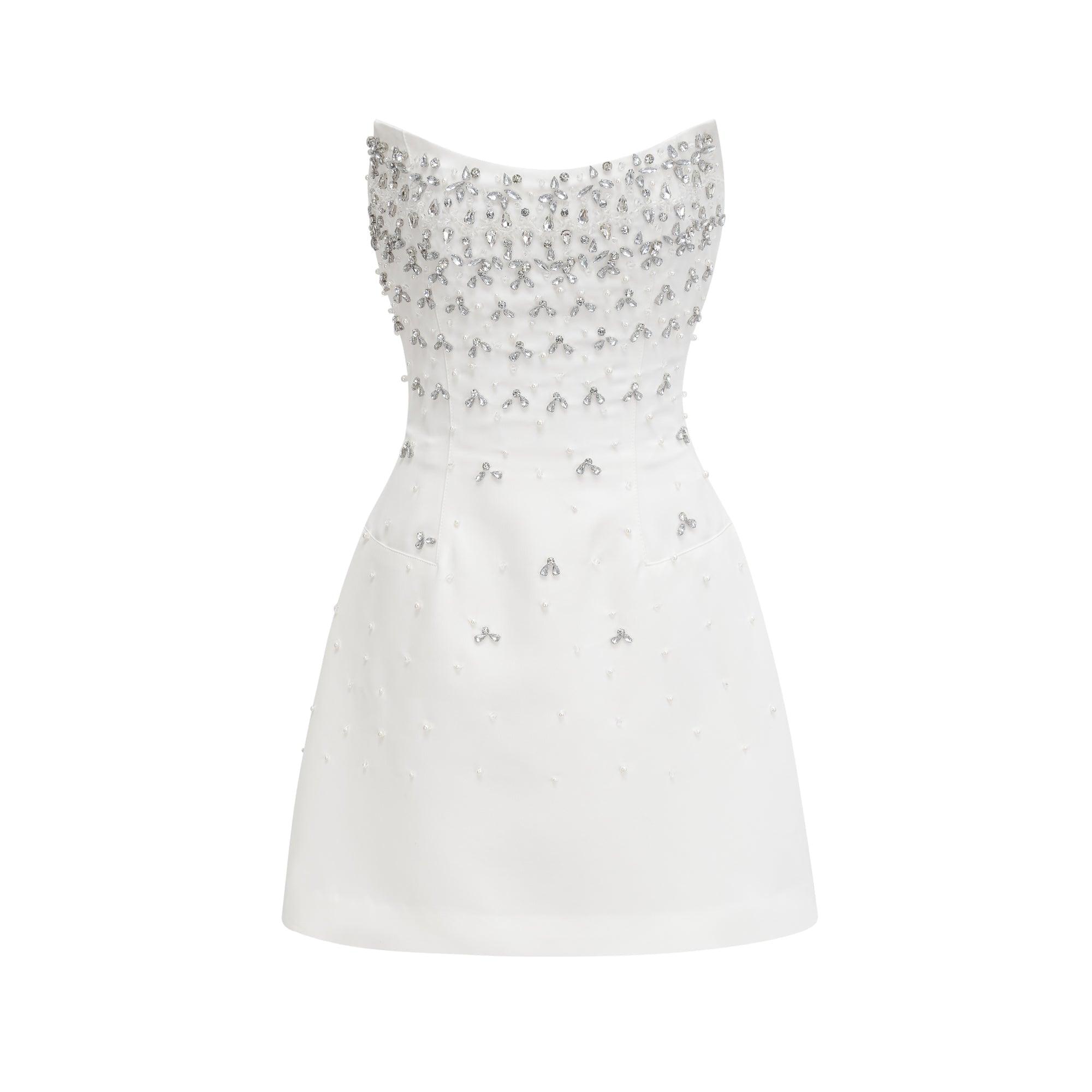 Radiance Elegance Beyaz Taş İşlemeli Straplez Mini Elbise
