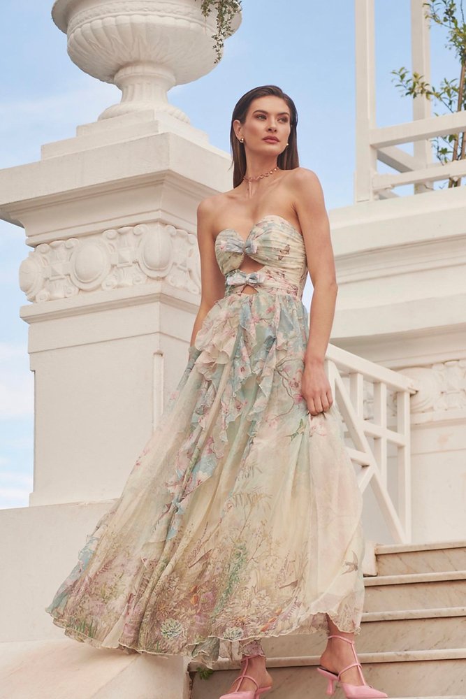 Octavia Baskılı Cut-Out Fırfırlı Maxi Elbise - Çok Renkli