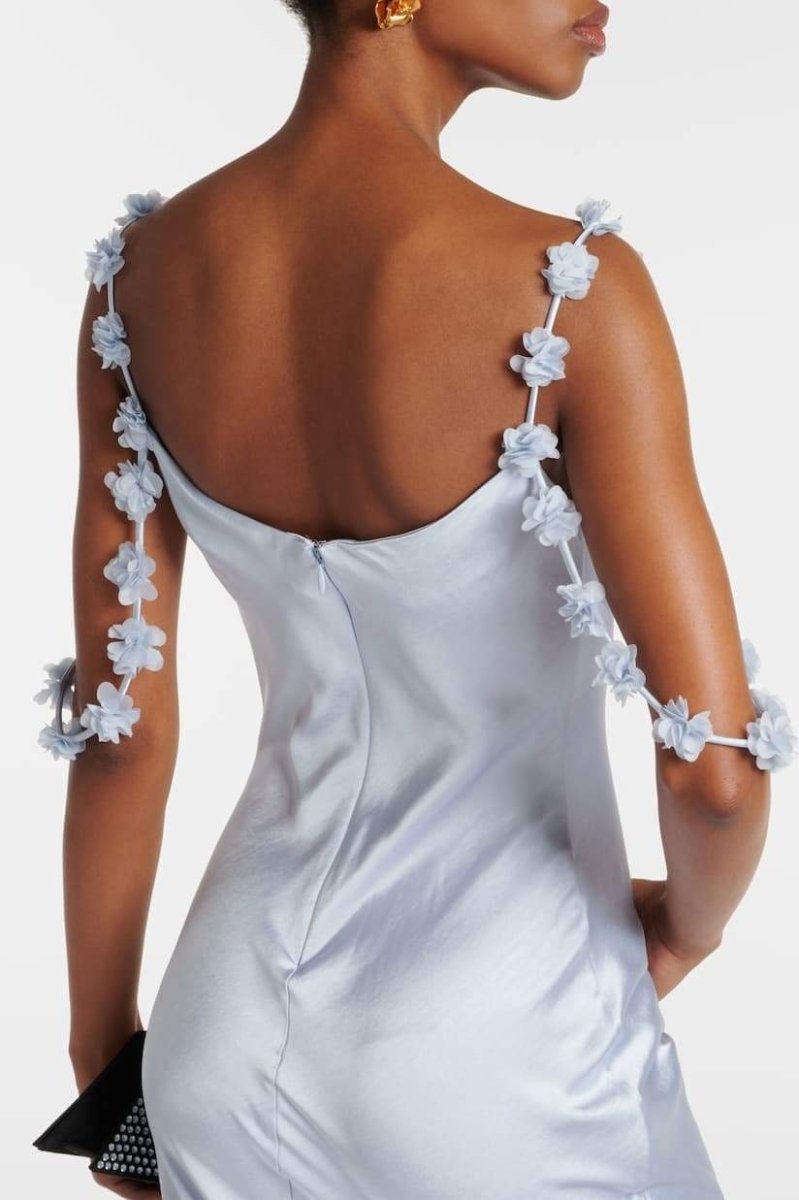 Zeytinyağı Çiçek Aplikeli Saten Maxi Elbise - 3. görünüm