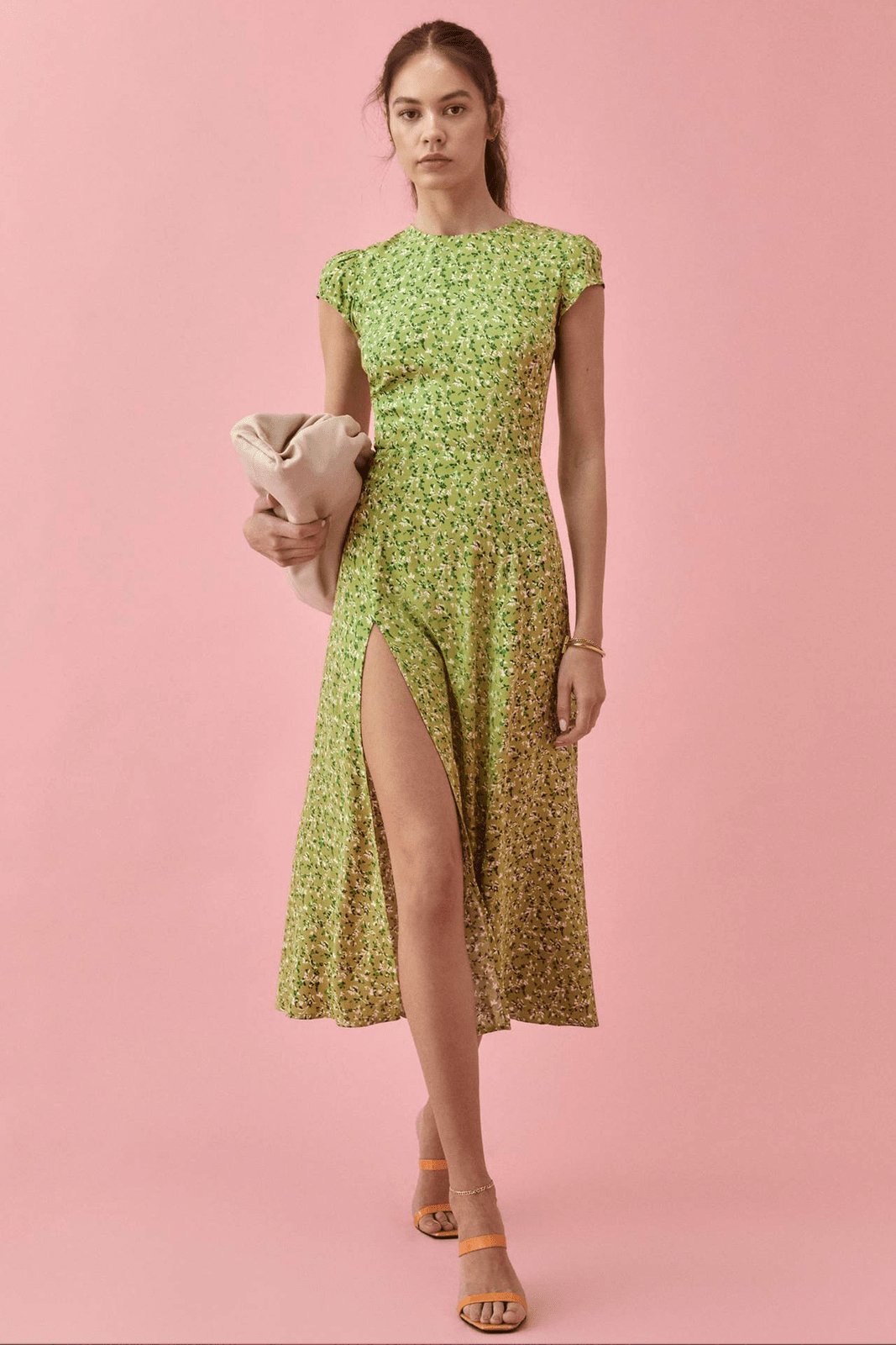 Rachel Baskılı Yuvarlak Yakalı, Yarık, Midi Sundress Midi Elbise