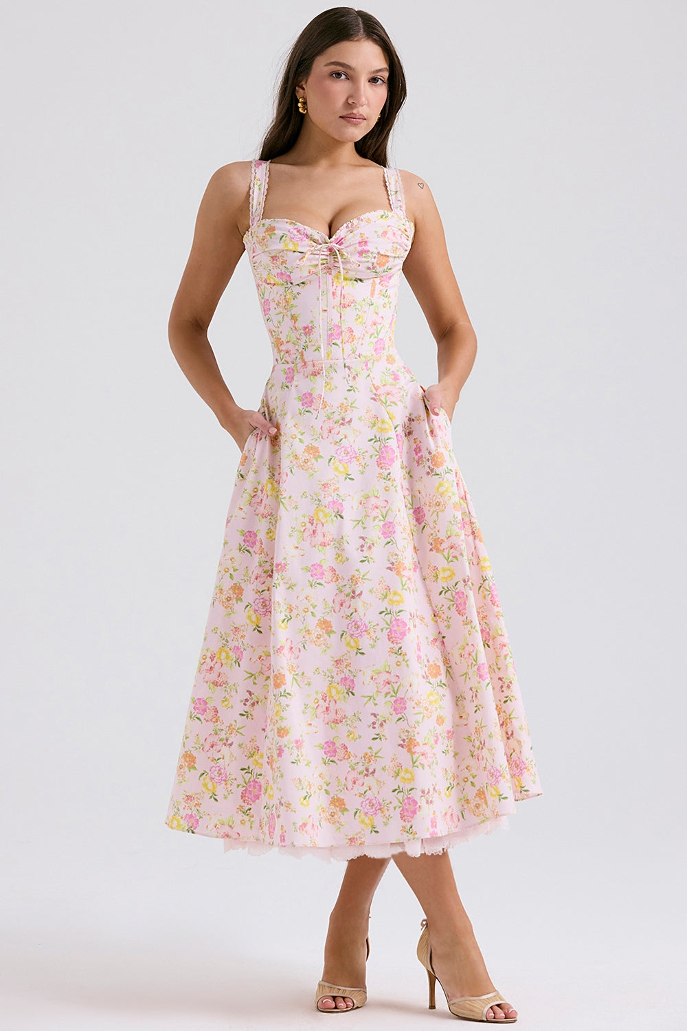 Roselyne Pembe Pastoral Dantel Askılı Elbise