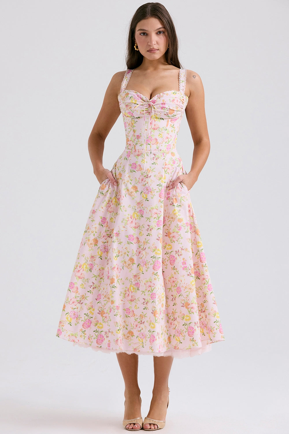 Roselyne Pembe Pastoral Dantel Askılı Elbise