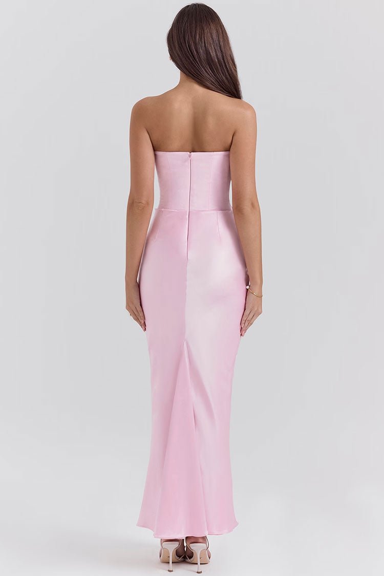 Straplez Korse Dökümlü Saten Maxi Elbise-Pembe - 3. görünüm