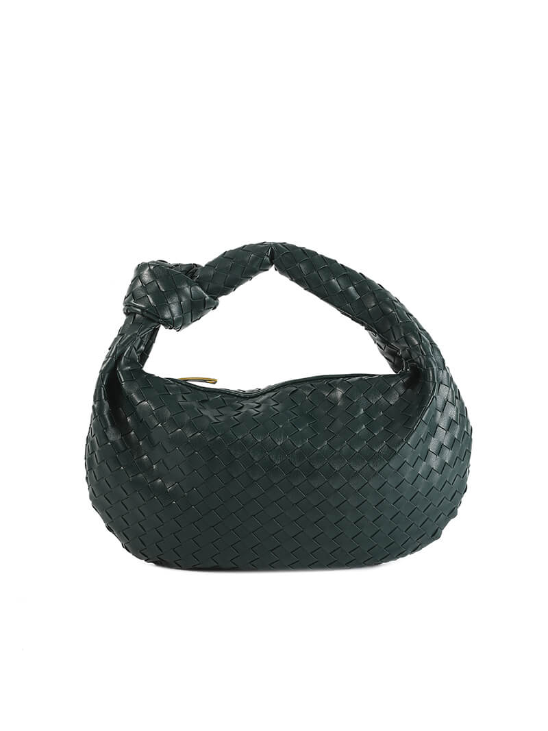 Woven Orta Boy Vegan Deri Çanta - Koyu Yeşil