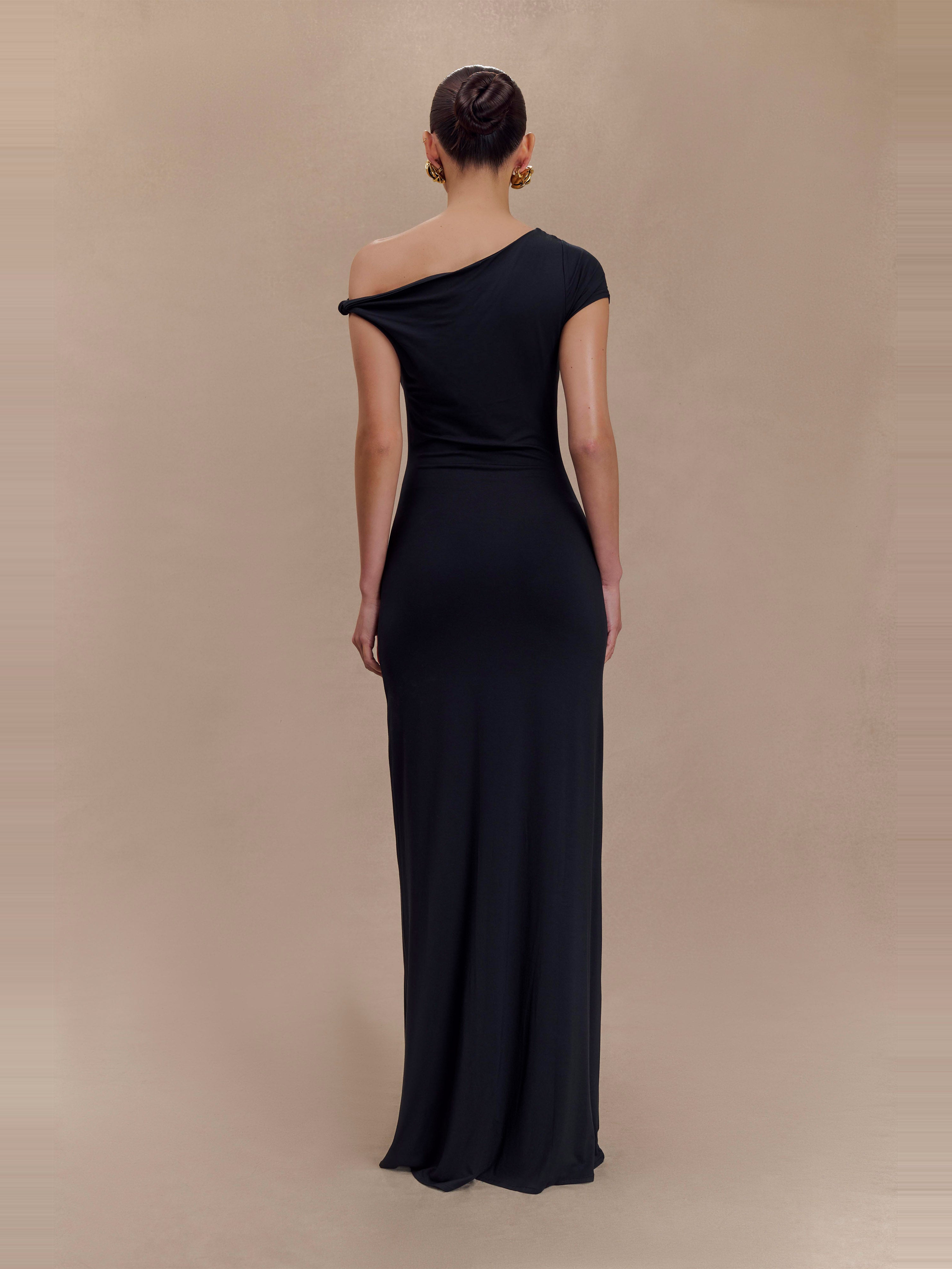 Tamsin Siyah Kısa Kollu Modal Maksi Elbise