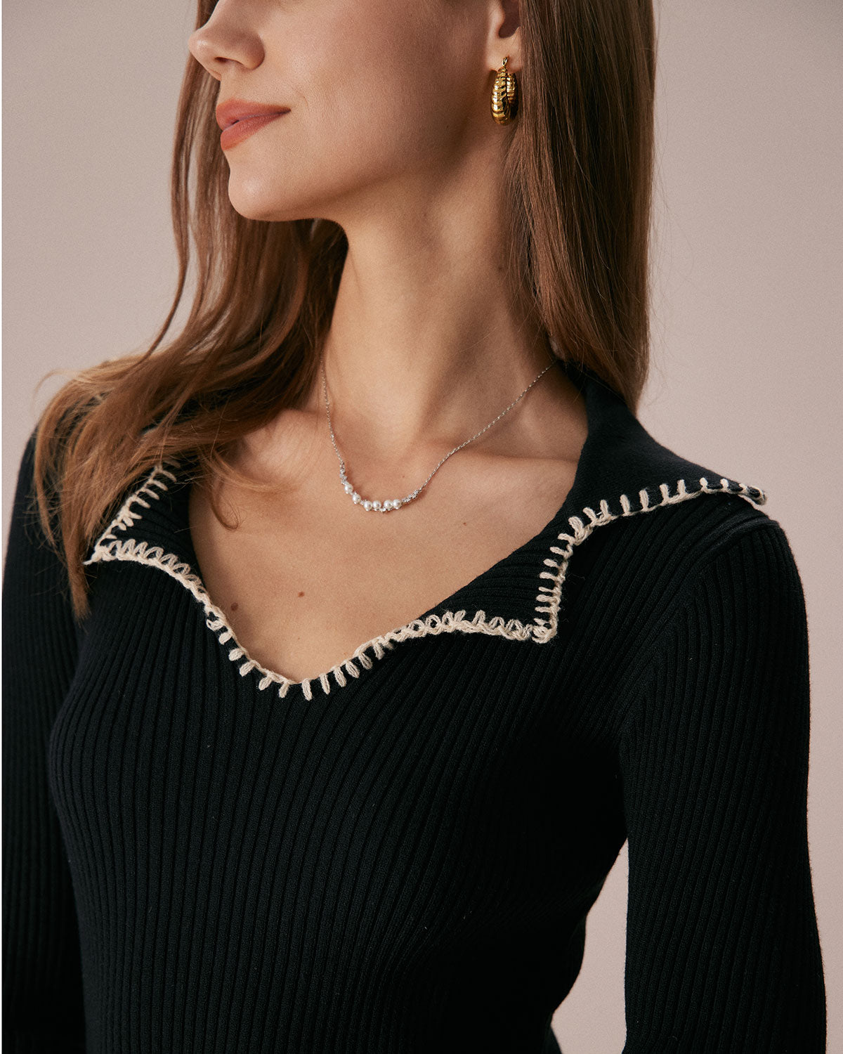 Siyah Contrast Stitch Kazak Mini Elbise - 2. görünüm