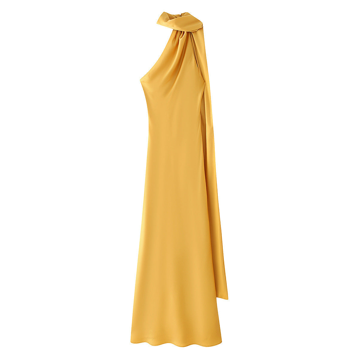 Sırtı Açık Saten Halter Abiye Elbise - Sarı